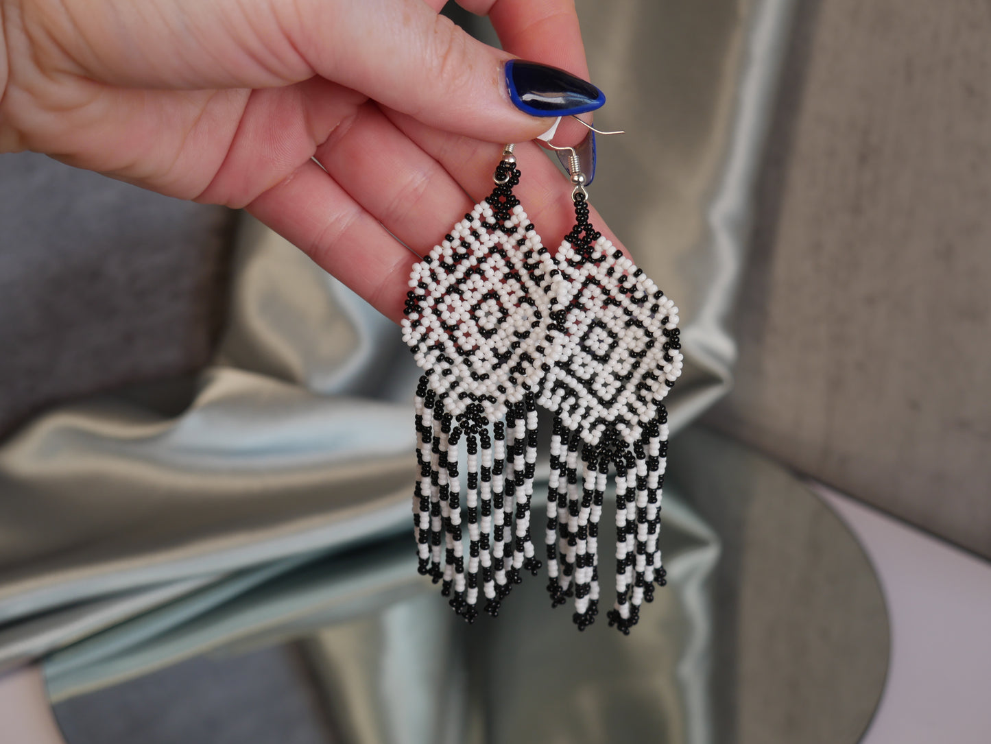 Black & White Earrings - Huichol Bead Art