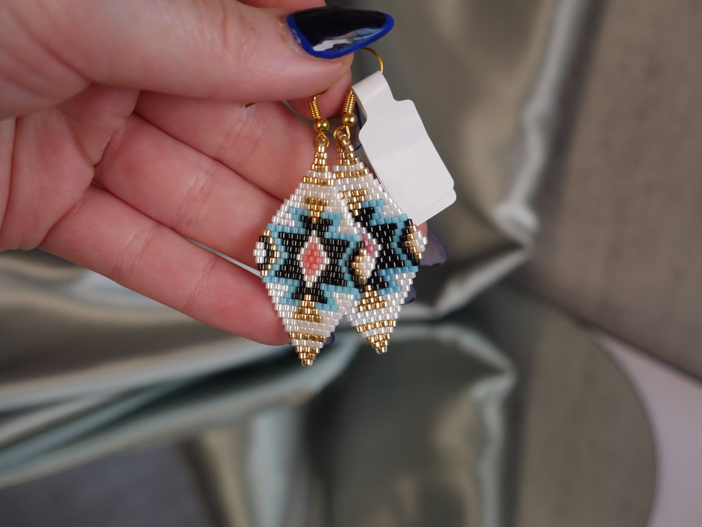 Pink, Black & Blue Earrings - Huichol Bead Art