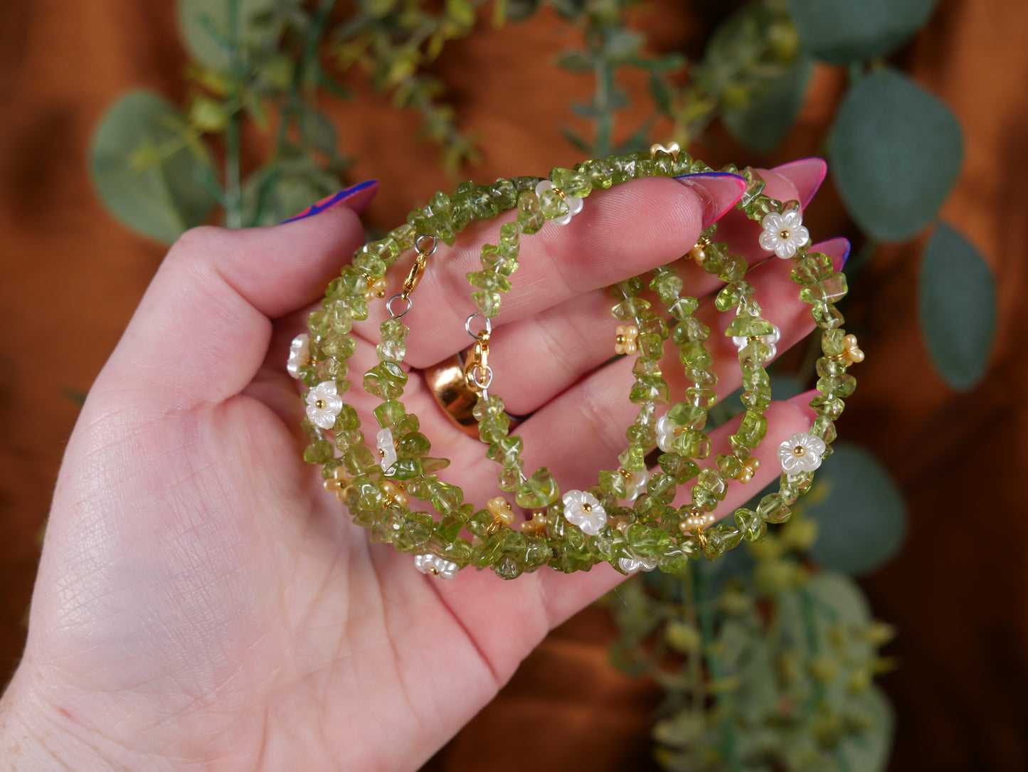 Peridot Chip Bracelet w/ Flower Charms