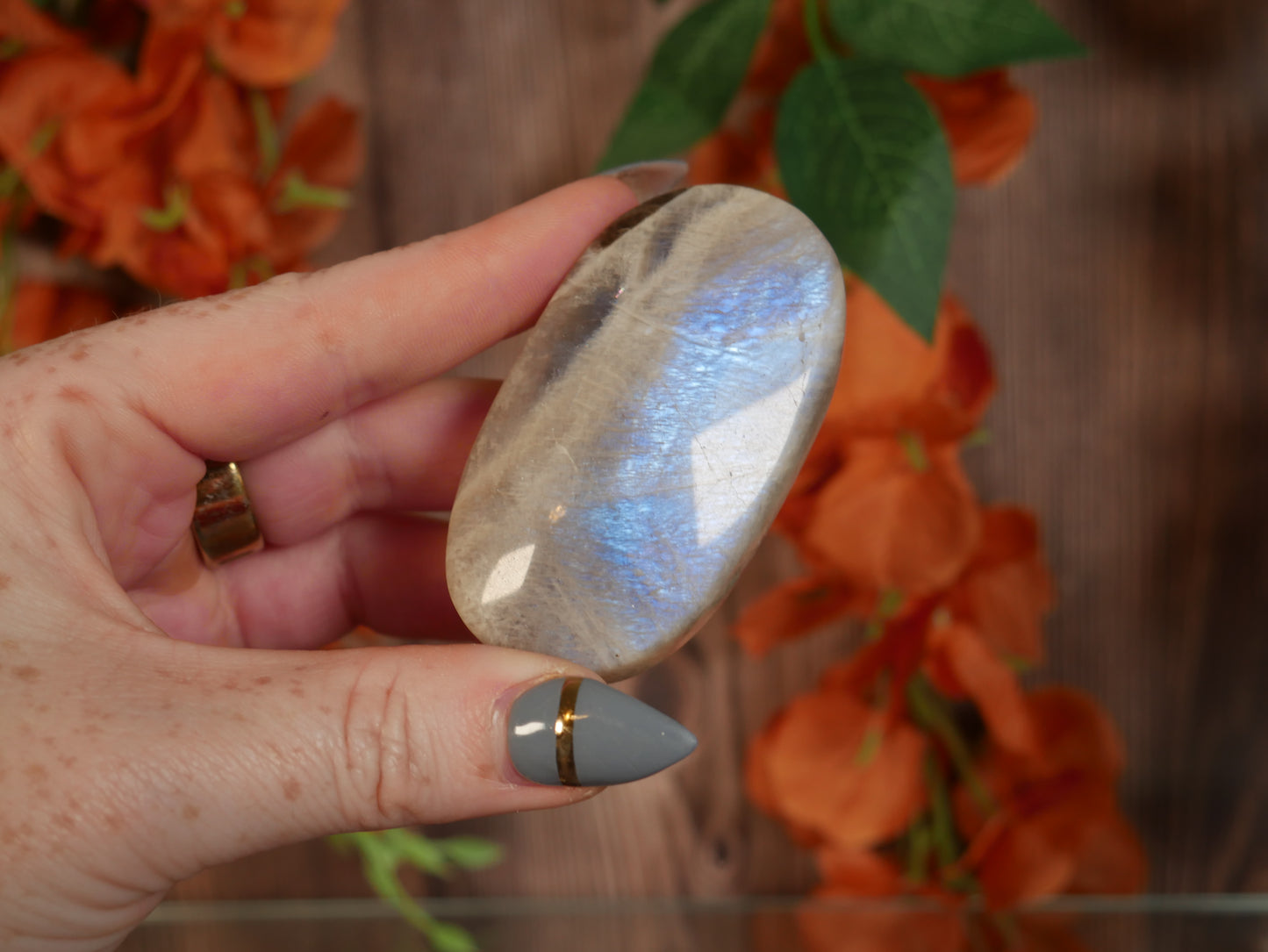 Blue Flash Moonstone Palm Stone #4