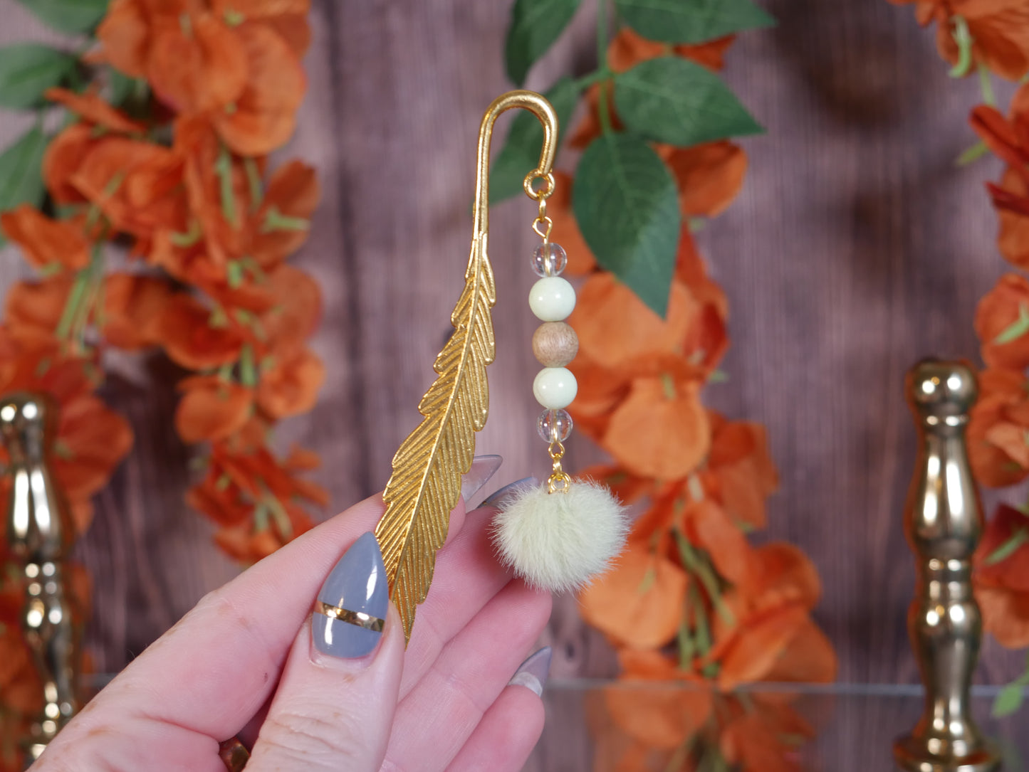 Lime Green Poof Gold Feather Bookmark