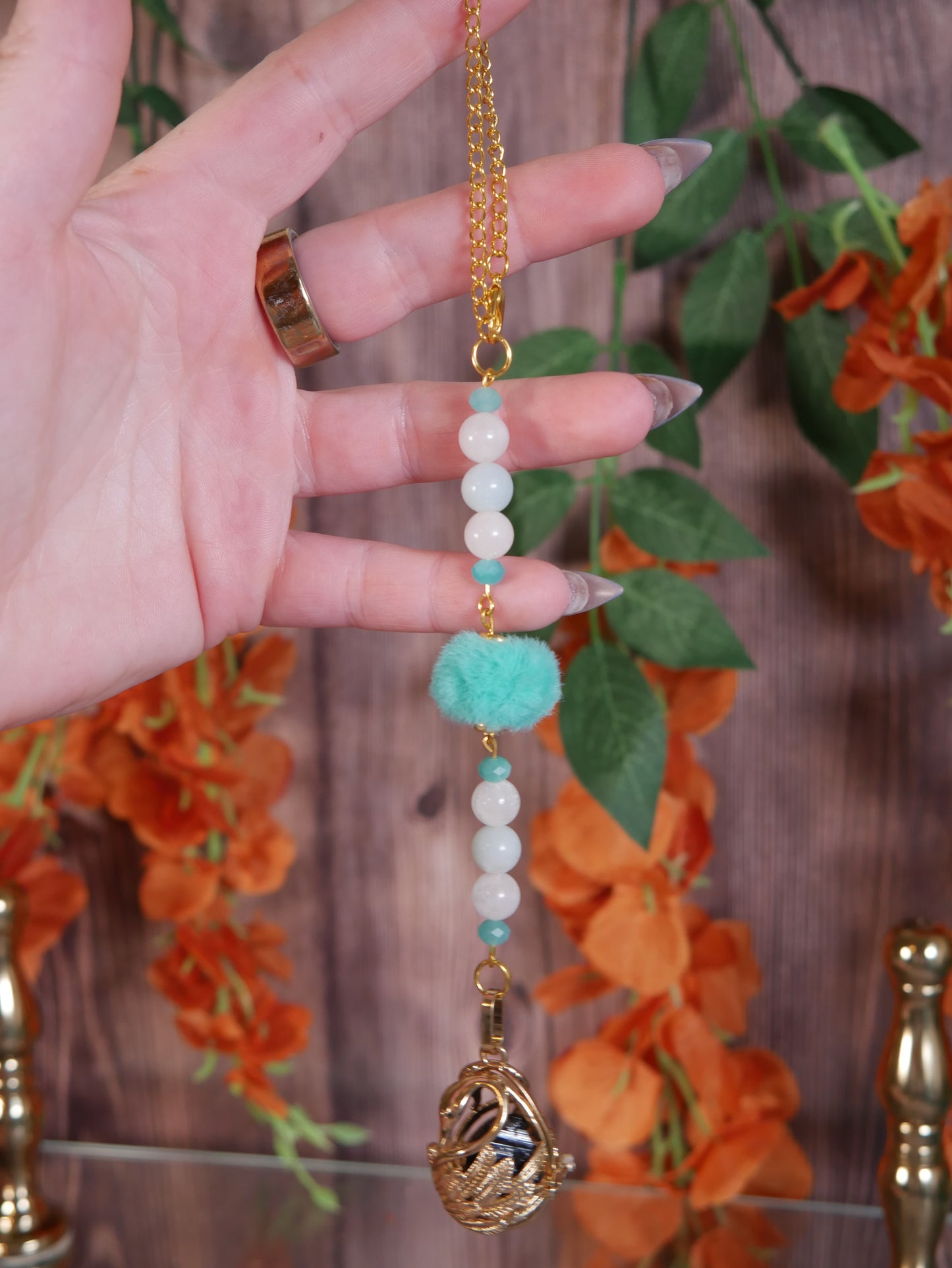Teal Poof/Swan Cage Car Mirror Decor