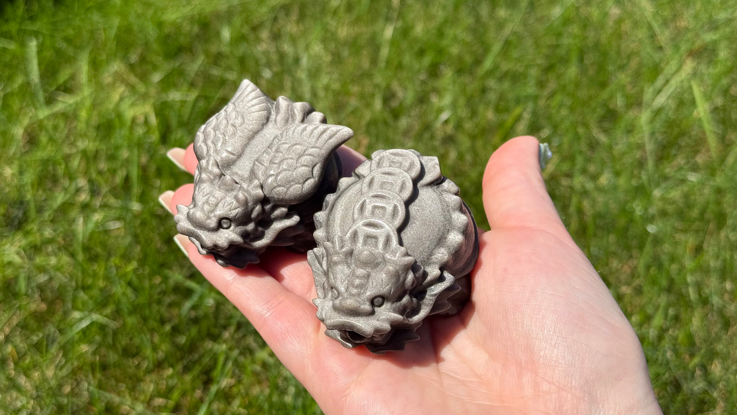 Silver Sheen Obsidian Dragon Turtle Pair - Personal Collection Destash