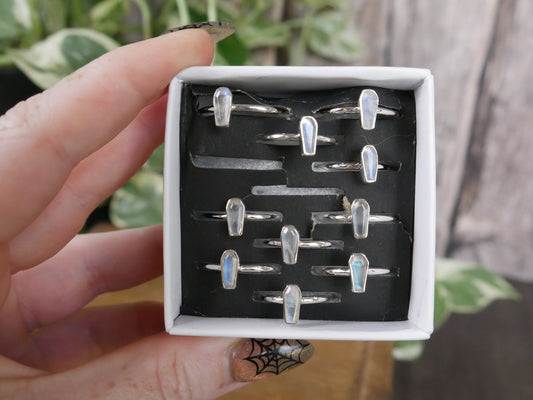 Rainbow Moonstone Coffin Ring