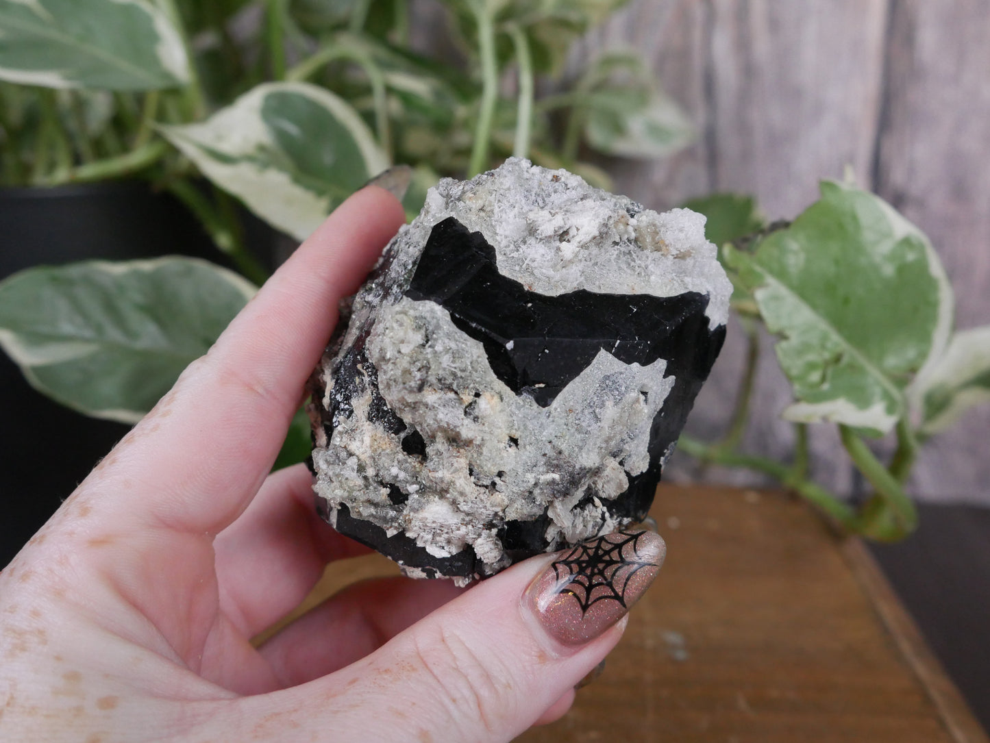 Black Tourmaline, Smokey Quartz, Hyalite Opal Specimen #9