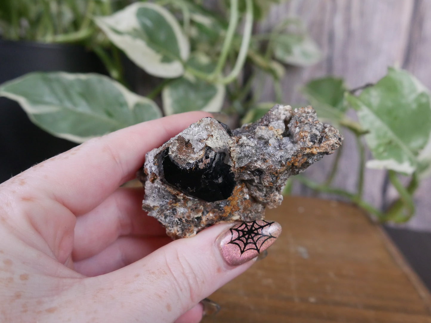 Black Tourmaline, Smokey Quartz, Hyalite Opal Specimen #23