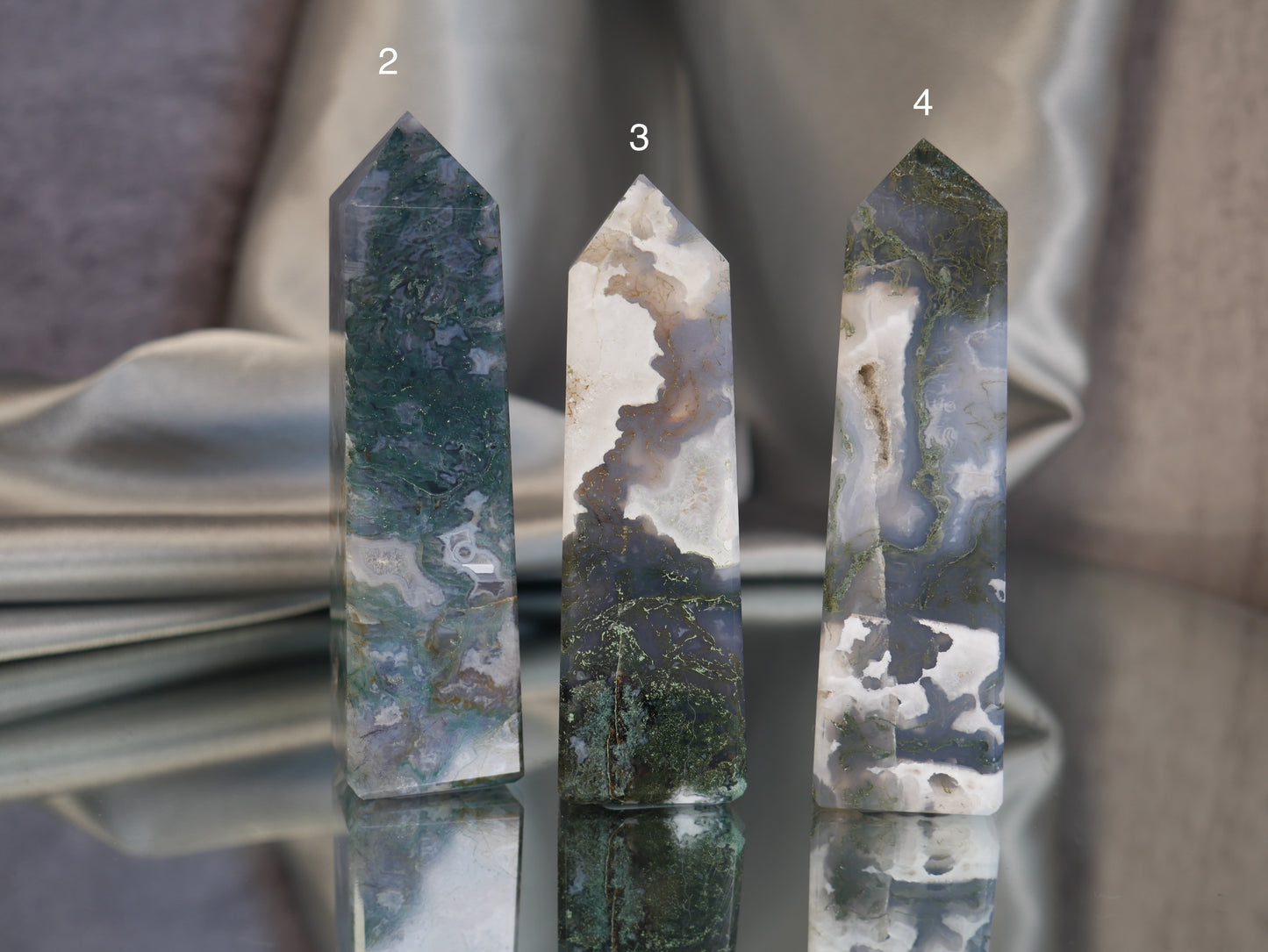Moss Agate Obelisks [various; 1-19]