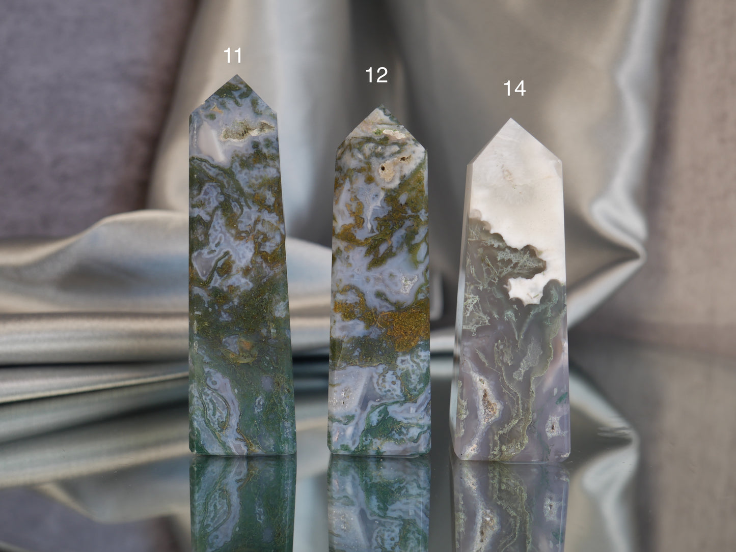 Moss Agate Obelisks [various; 1-19]