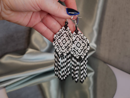 Black & White Earrings - Huichol Bead Art
