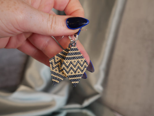 Navy Blue Earrings - Huichol Bead Art