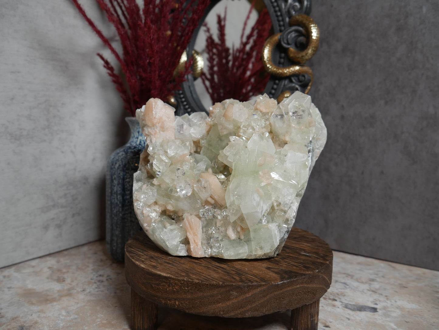 Green Apophyllite & Sugary Peach Stilbite Cutbase