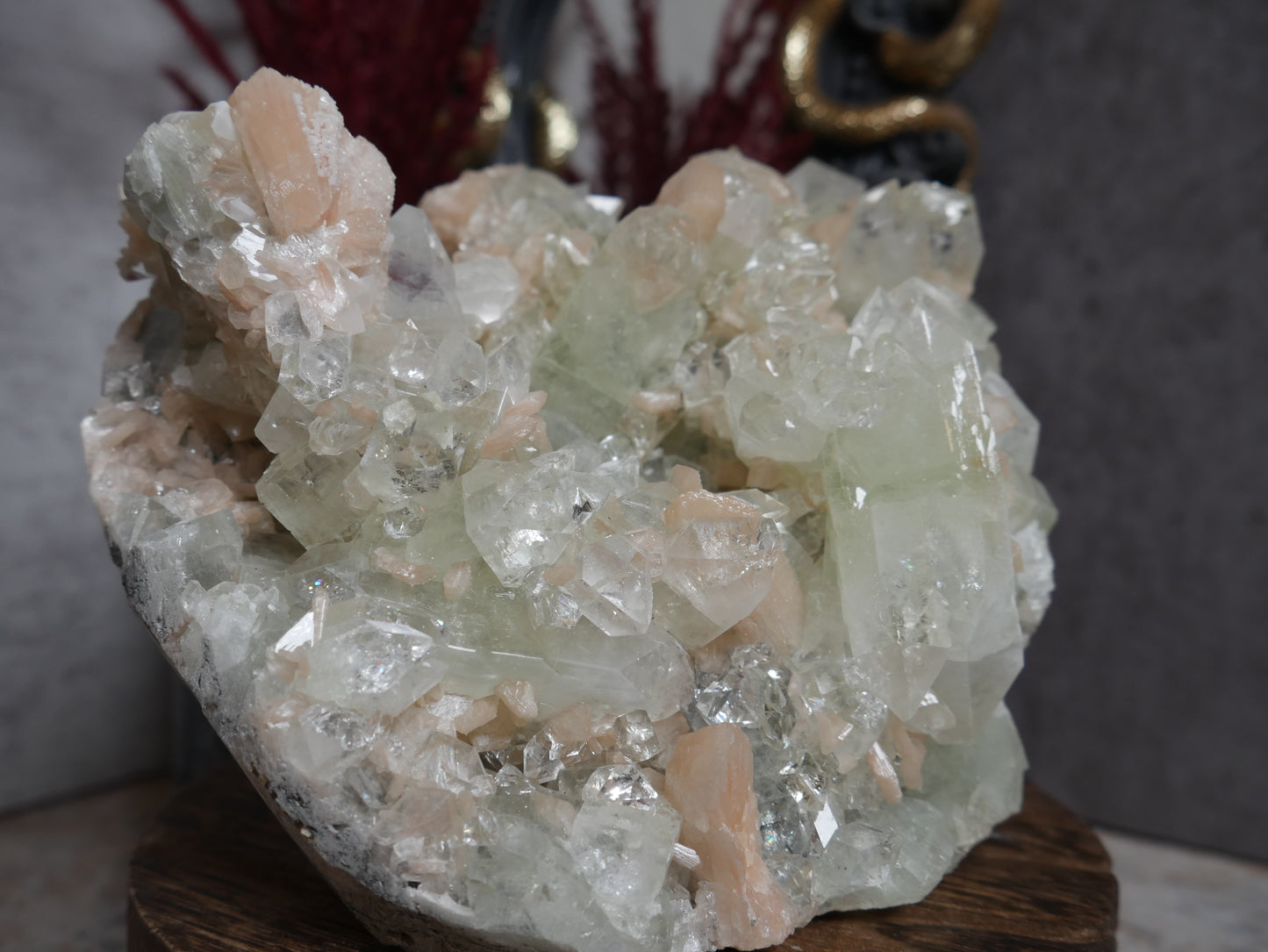 Green Apophyllite & Sugary Peach Stilbite Cutbase