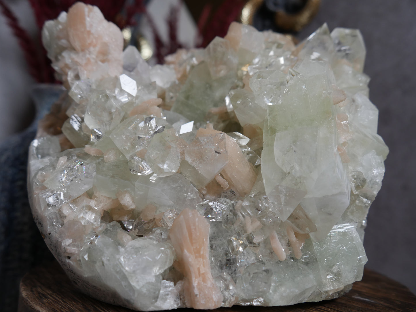 Green Apophyllite & Sugary Peach Stilbite Cutbase