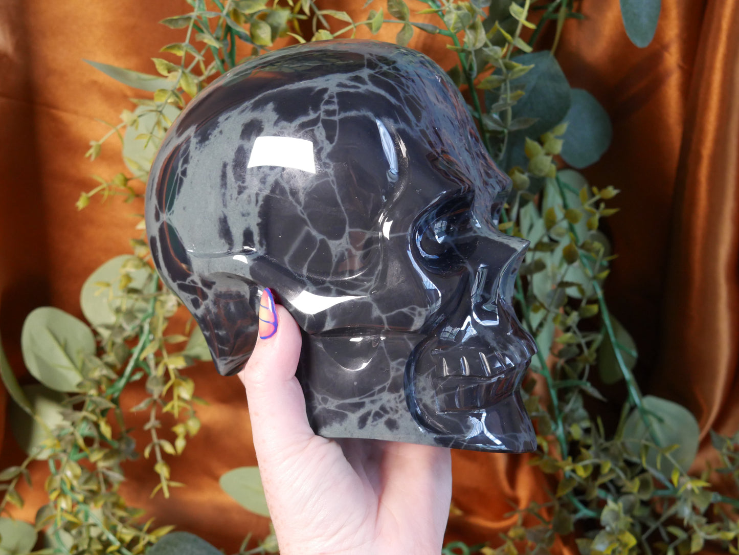 XL Spiderweb Obsidian Skull - Human Sized *RARE*