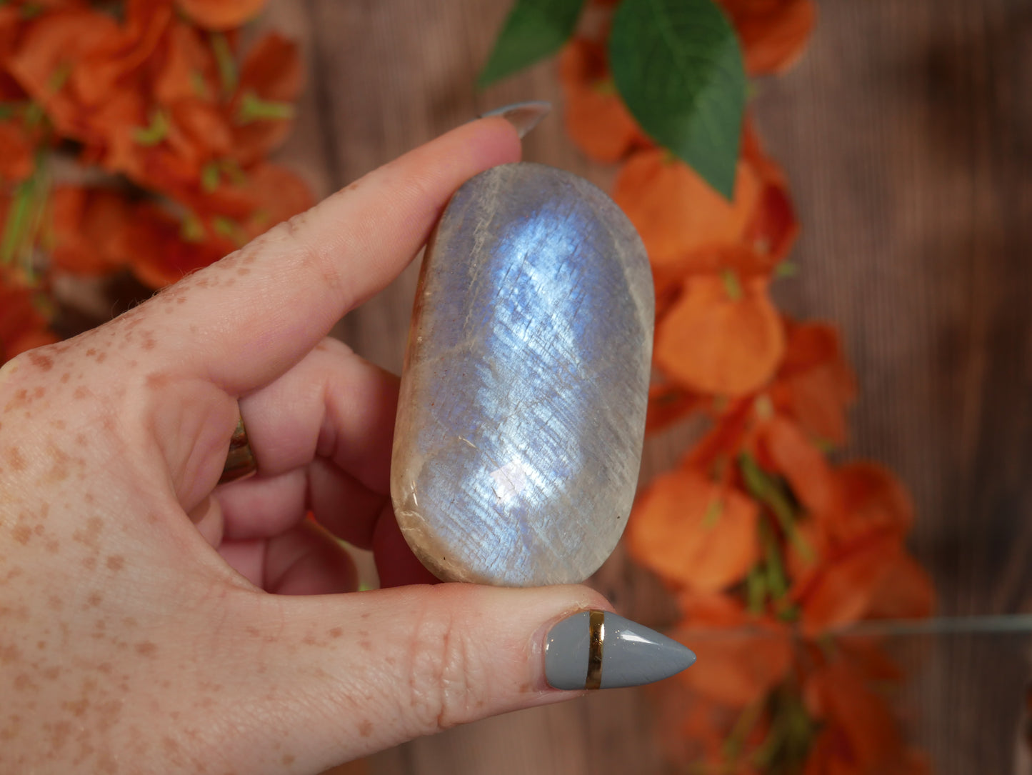 Blue Flash Moonstone Palm Stone #3