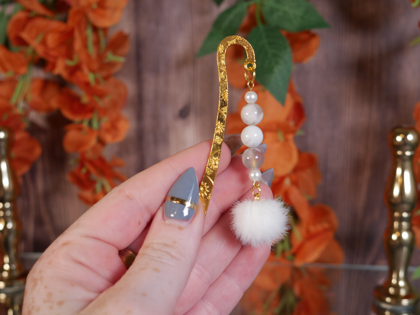 White Poof Gold Floral Bookmark