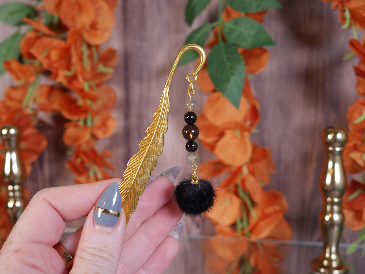 Black Poof Gold Feather Bookmark