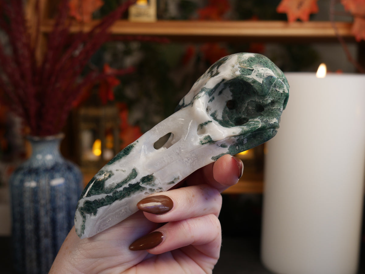 Moss Agate Raven Skull
